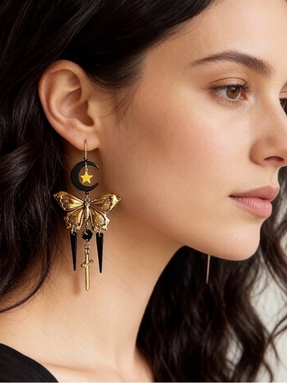 Anthropologie Gold and Black Butterfly Crescent Dangle Earrings